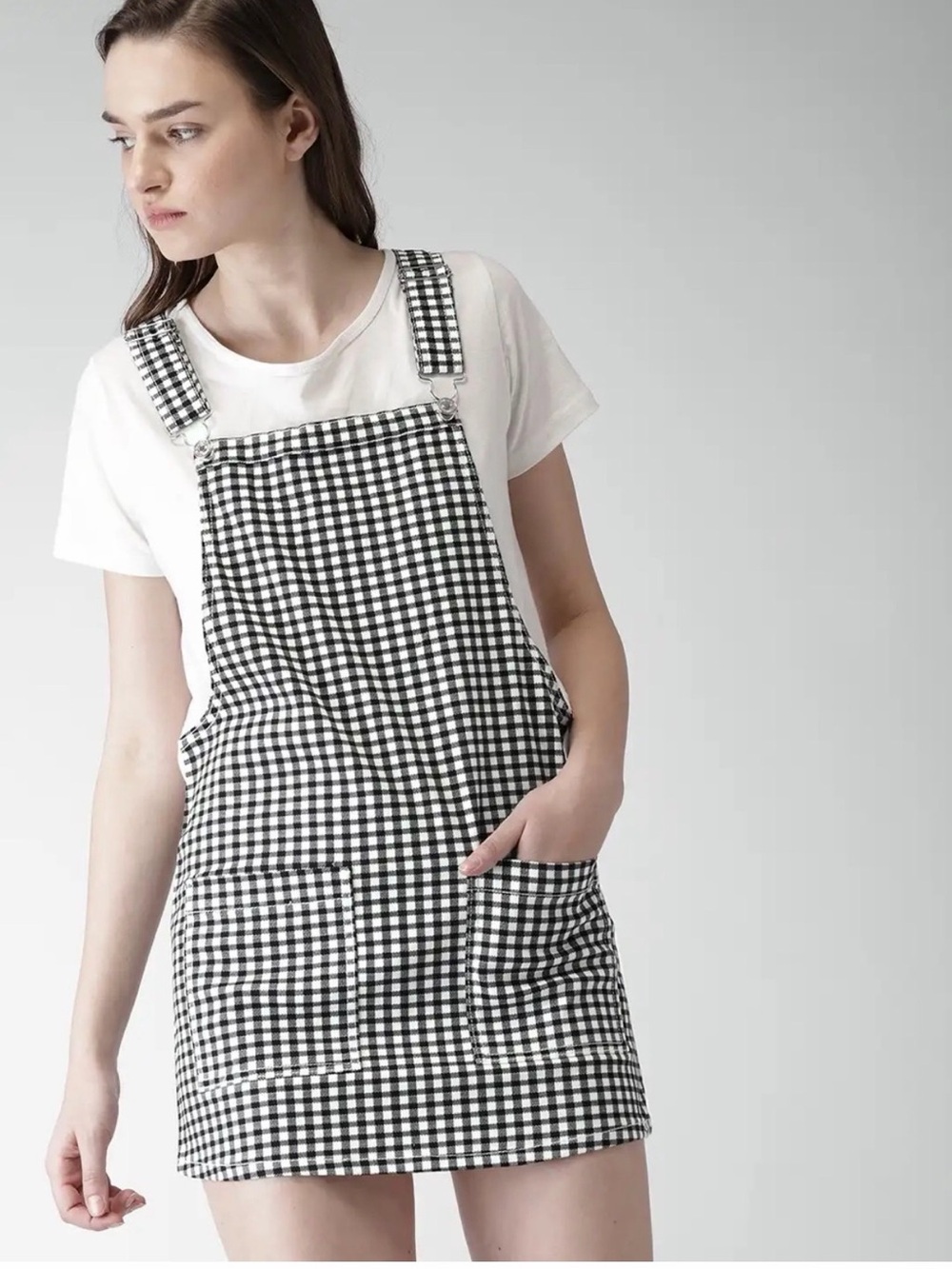 Forever 21 Women Black & White Gingham One-Piece Pinafore Overall Dress
